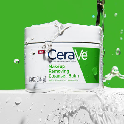 CeraVe makeup removing cleanser balm jar with green background