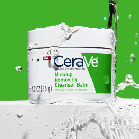 CeraVe makeup removing cleanser balm jar with green background