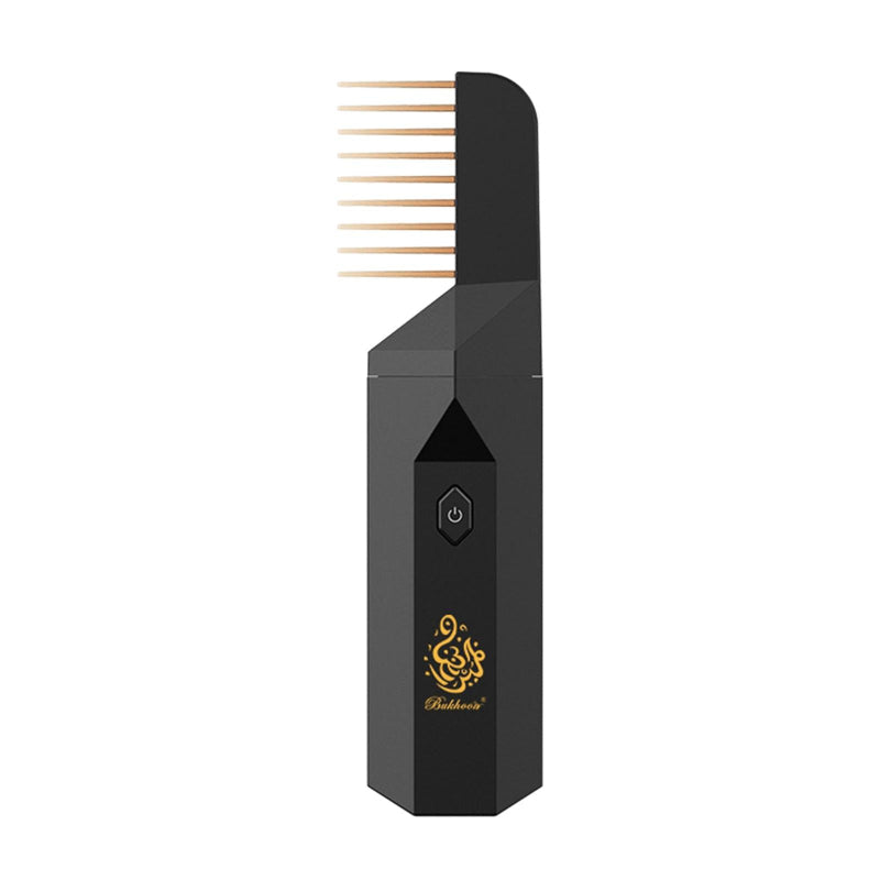 Black hair straightening comb with gold accents on a white background