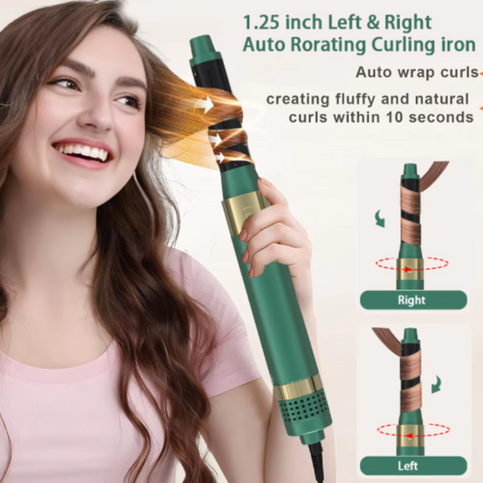 Woman using a green auto rotating curling iron with text on a white background