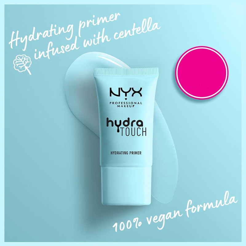 NYX Professional Makeup Hydra Touch hydrating primer on a light blue background with pink accent.