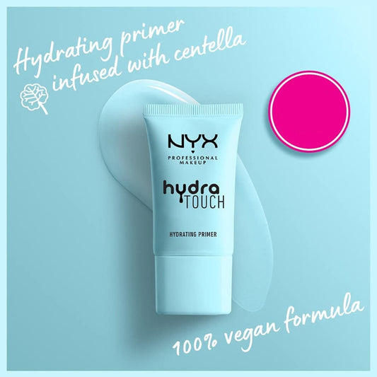 NYX Professional Makeup Hydra Touch hydrating primer on a light blue background with pink accent.